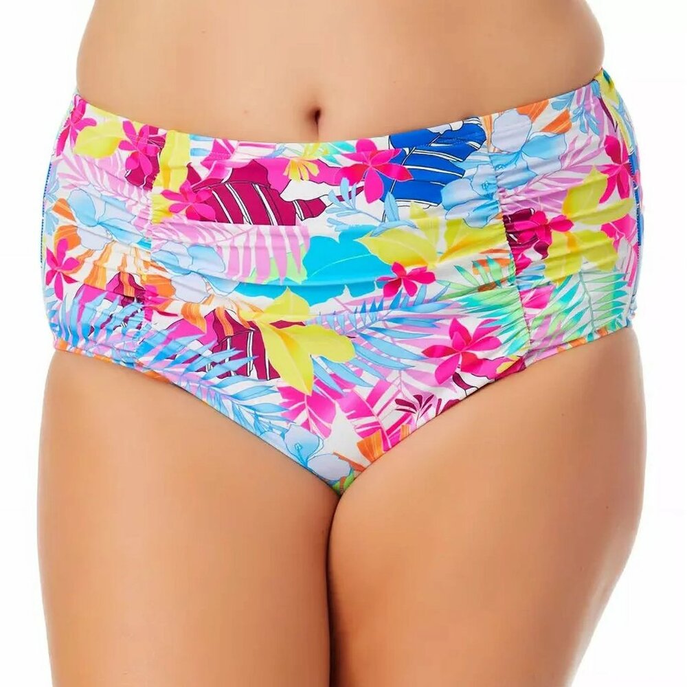 California Waves Hibiscus Paradise Tropical Print High-Waist Bikini Bottom 1X